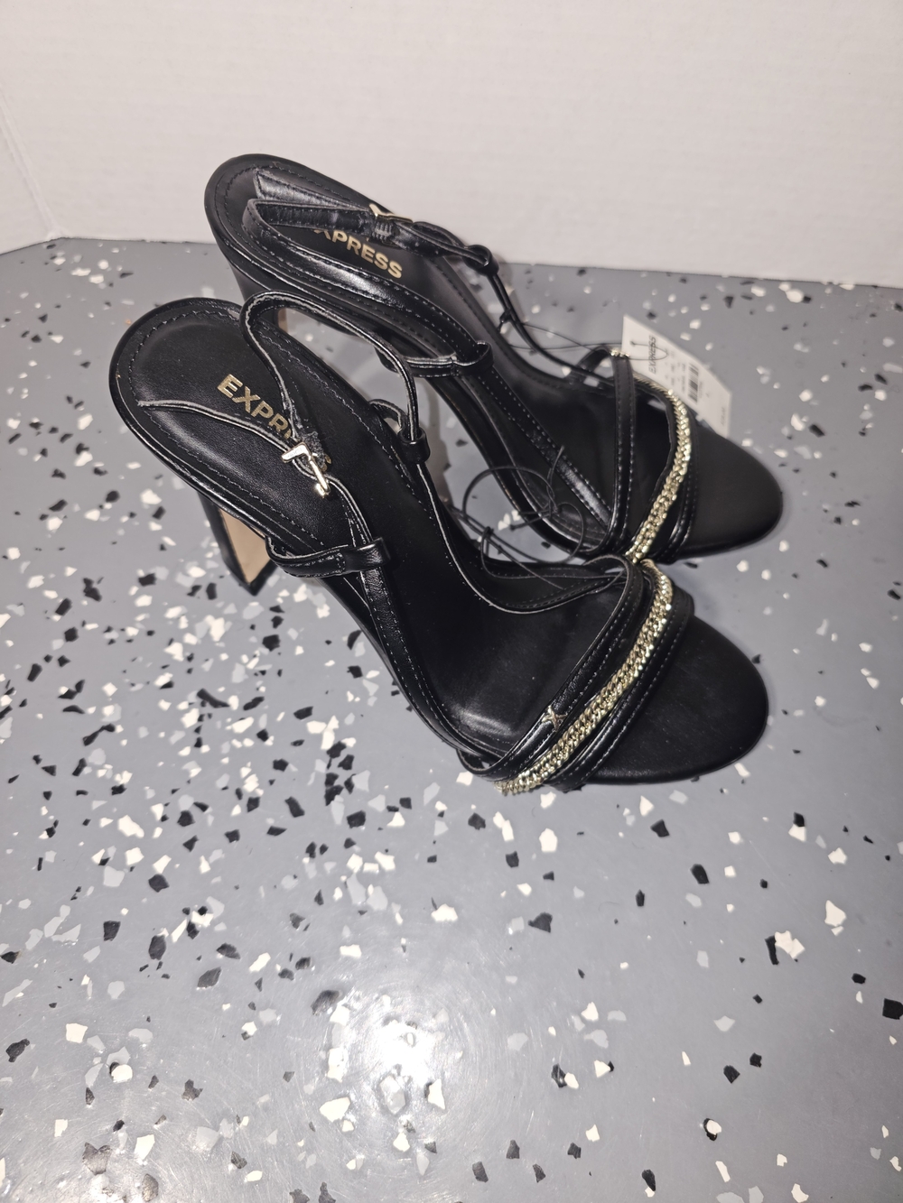 Express Black Slingback Heels with Gold Chain Trim